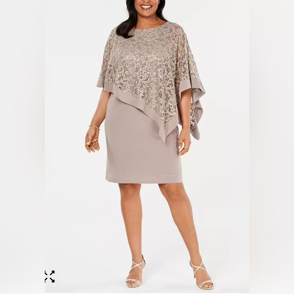 R & M RichardsPlus Size Sequined Poncho Dress- Champagne 22W